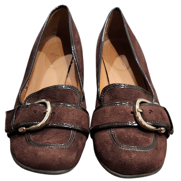 ❤️2/$18 Jaclyn Smith Brown Suede Wedge Heeled Loafer Leather Shoes 7 - Picture 1 of 7